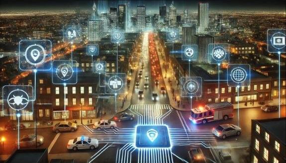 Connected city street with emergency vehicles and coordination service icons