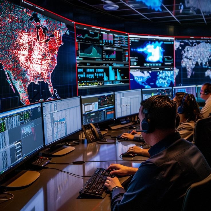 Operators monitoring national incident dashboards in a coordination control room